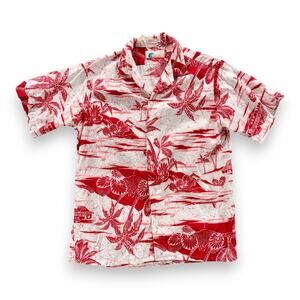 Vintage Islander Hawaiian Shirt Adult MEDIUM White Red Rayon Tropical Palms 90s